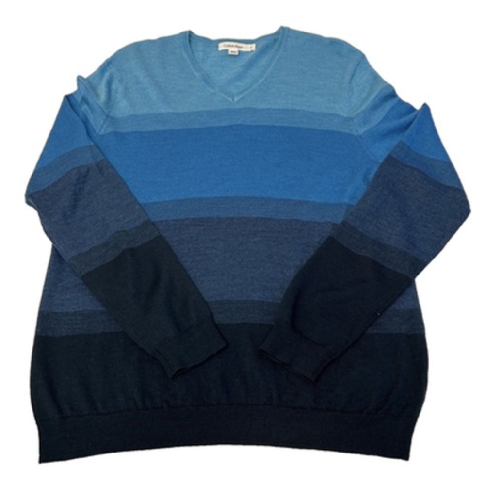 CALVIN KLEIN Mens V-Neck Sweater Merino Wool Blend Sz M Blue Striped Lightweight